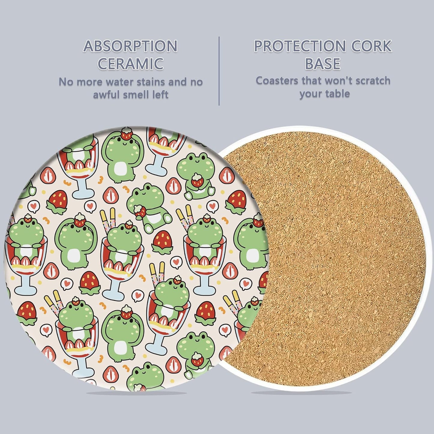 6 Pcs Coasters for Drinks with Holder, Cute Frog Absorbent Ceramic Coasters with Cork Base,Cute Funny Table Drinks Coasters Tabletop Protection Mat,Table Home Decor,4 Inches