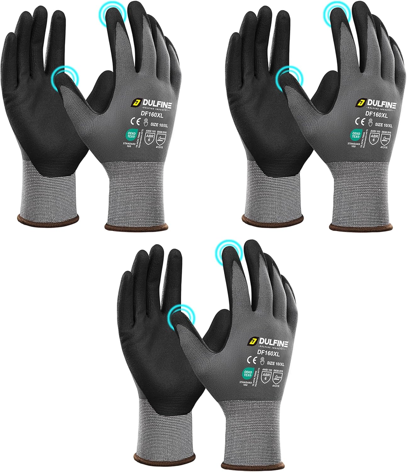 DULFINE Safety Work Gloves MicroFoam Nitrile Coated-3 Pairs Pack,Seamless Knit Nylon Glove with Black Micro-Foam Nitrile Grip,Ideal for General Purpose,Automotive,Home Improvement,Painting(Large)