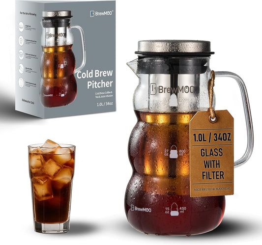 Cold Brew Coffee Pitcher (1.0L/34oz) - Elegant Sleek Wave Borosilicate Glass Pitcher with 100um 304 Stainless Steel Filter & Airtight Lid, Efforless Mannual for Beginner, Sophisticated Gift