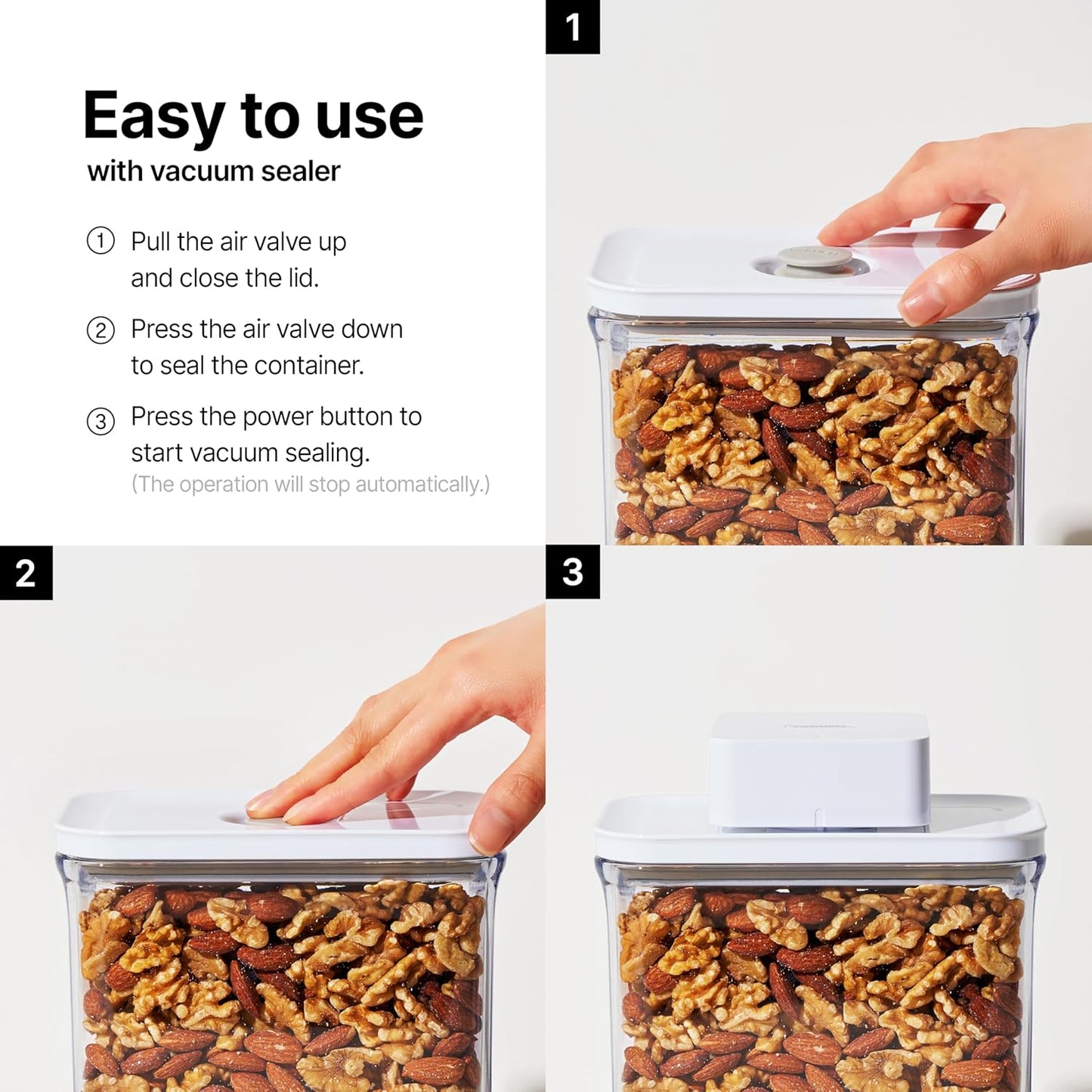 VAKUEN Premium Airtight Food Storage Containers, Mini Square 3pc/set(0.32qt), Smart One-Click Seal Lid, No Hinges, 100% Leak Proof, BPA-FREE, Dishwasher, Freezer & Microwave Safe