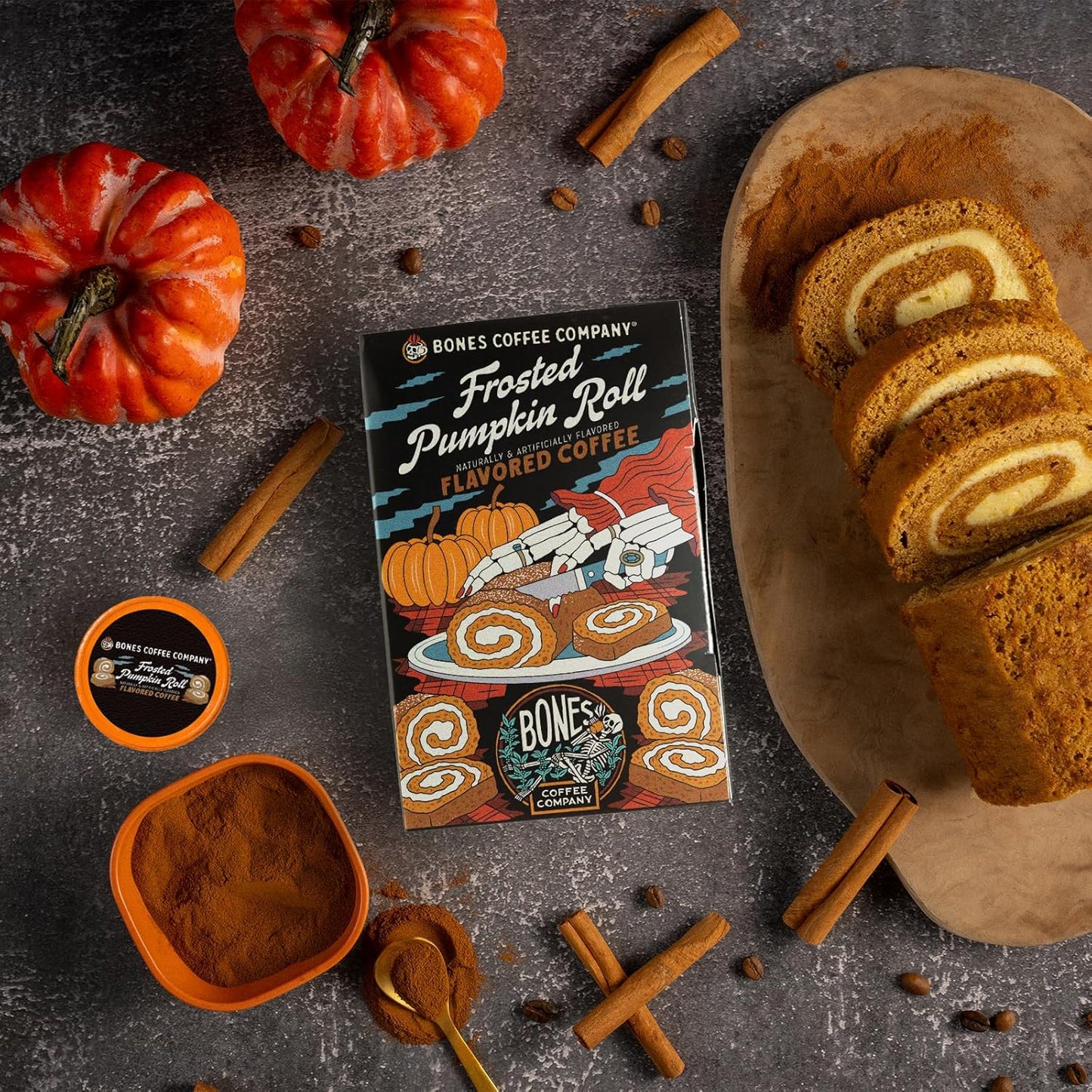 Bones Coffee Company Frosted Pumpkin Roll Flavored Coffee Pods, Low Acid Medium Roast Single-Serve Bones Cups, Compatible with 1.0 & 2.0 K-Cups Brewers Coffee Maker, 12 Count