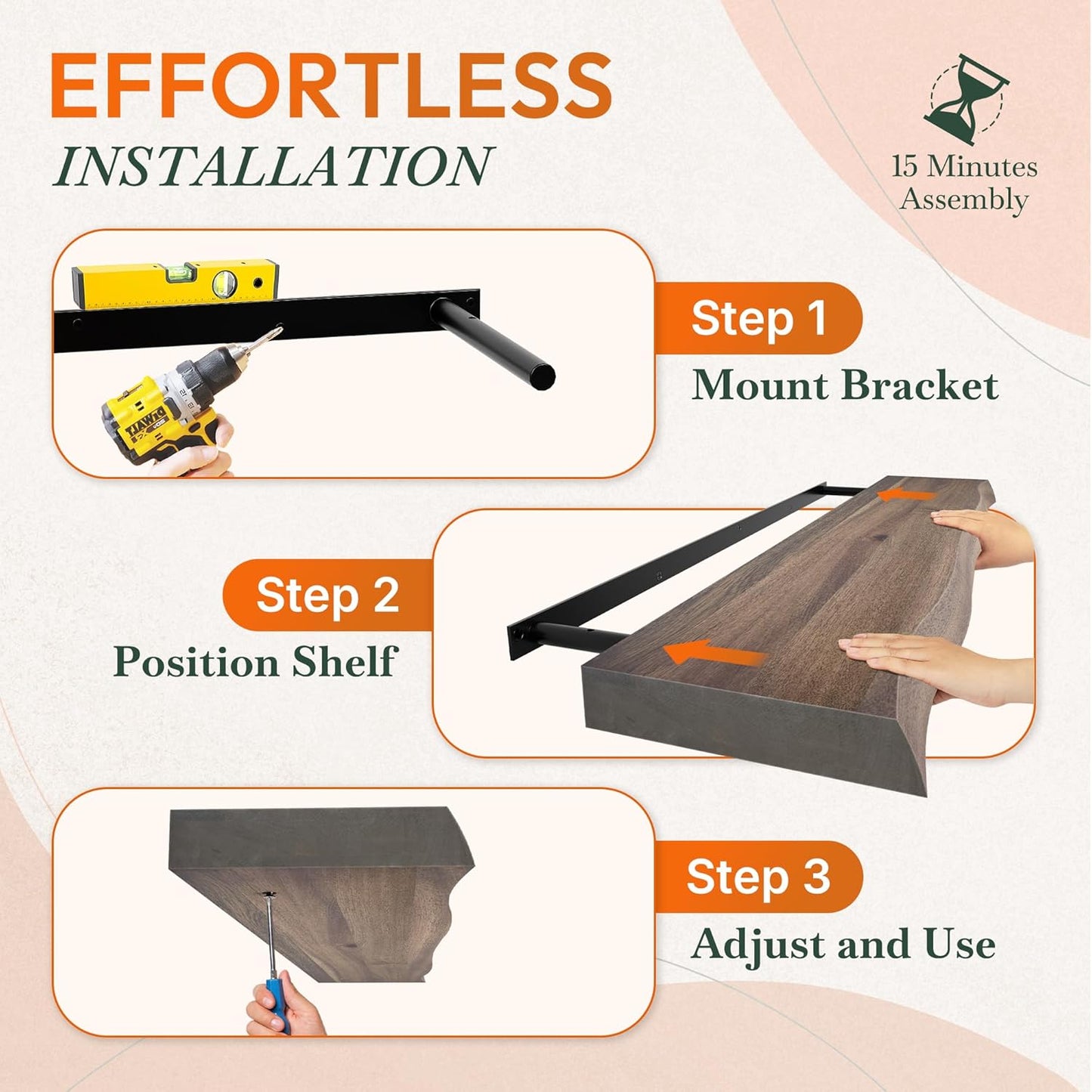 24" Acacia Live Edge Floating Shelves Set of 2 - Wall Mounted Wooden Shelf for Stylish Home Décor - Dark Walnut Color 24x7.5x1.5 Inches