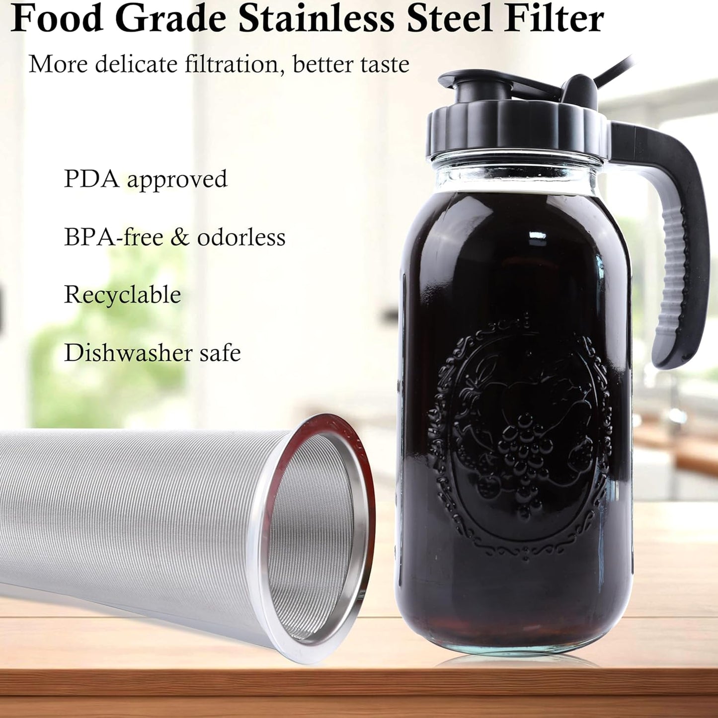 Cold Brew Coffee Maker Pitcher 2 Quart Glass Mason Jar With Spout Lid Filter Half Gallon Wide Mouth Iced Tea Brewing Jug Heavy Duty Handle Airtight & Leak-Proof Pitcher For Fridge Sun Tea 64 OZ