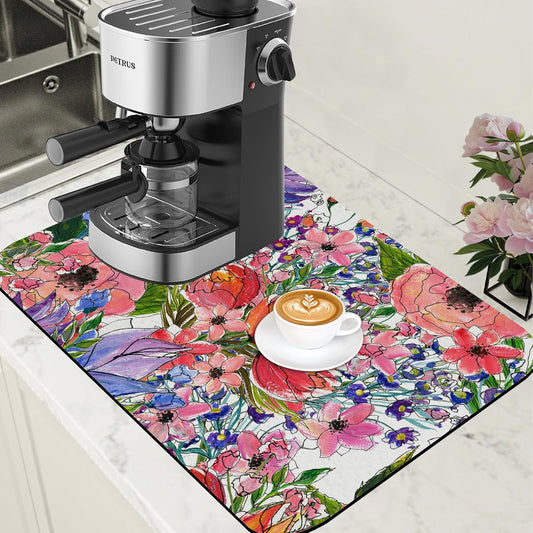Dish Drying Mat Watercolor Colorful Floral Coffee Bar Mat for Countertop Absorbent Rubber Backed Hide Stain Dish Drainer Rack Pad Coffee Maker Espresso Machine Dining Room Decor 15.7 x 23.6 Inch