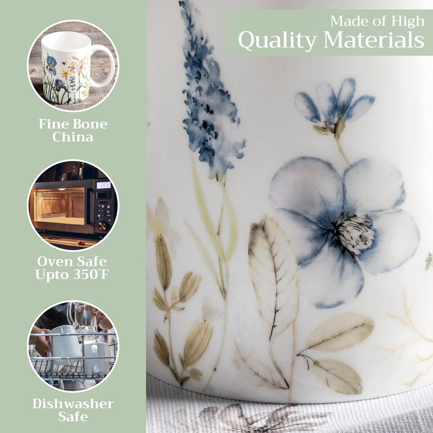 Maison d' Hermine Coffee Mug with Handles Fine Bone China Mugs Pack of One Tea Cups for Hot Beverages Cappuccino Latte Home Restaurant Office Perfect for Gift (Ice Florals - Forsty Morning, 15 Ounce)