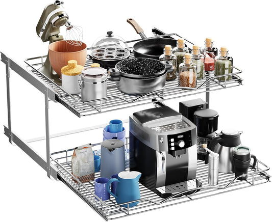 HOLDN’ STORAGE Two Tier Pull Out Cabinet Organizer, Individual Sliding Drawers - Heavy Duty Metal with Lifetime Limited Warranty - Anti Rust Chrome Finish - 28" W x 21”D x 16.5" H