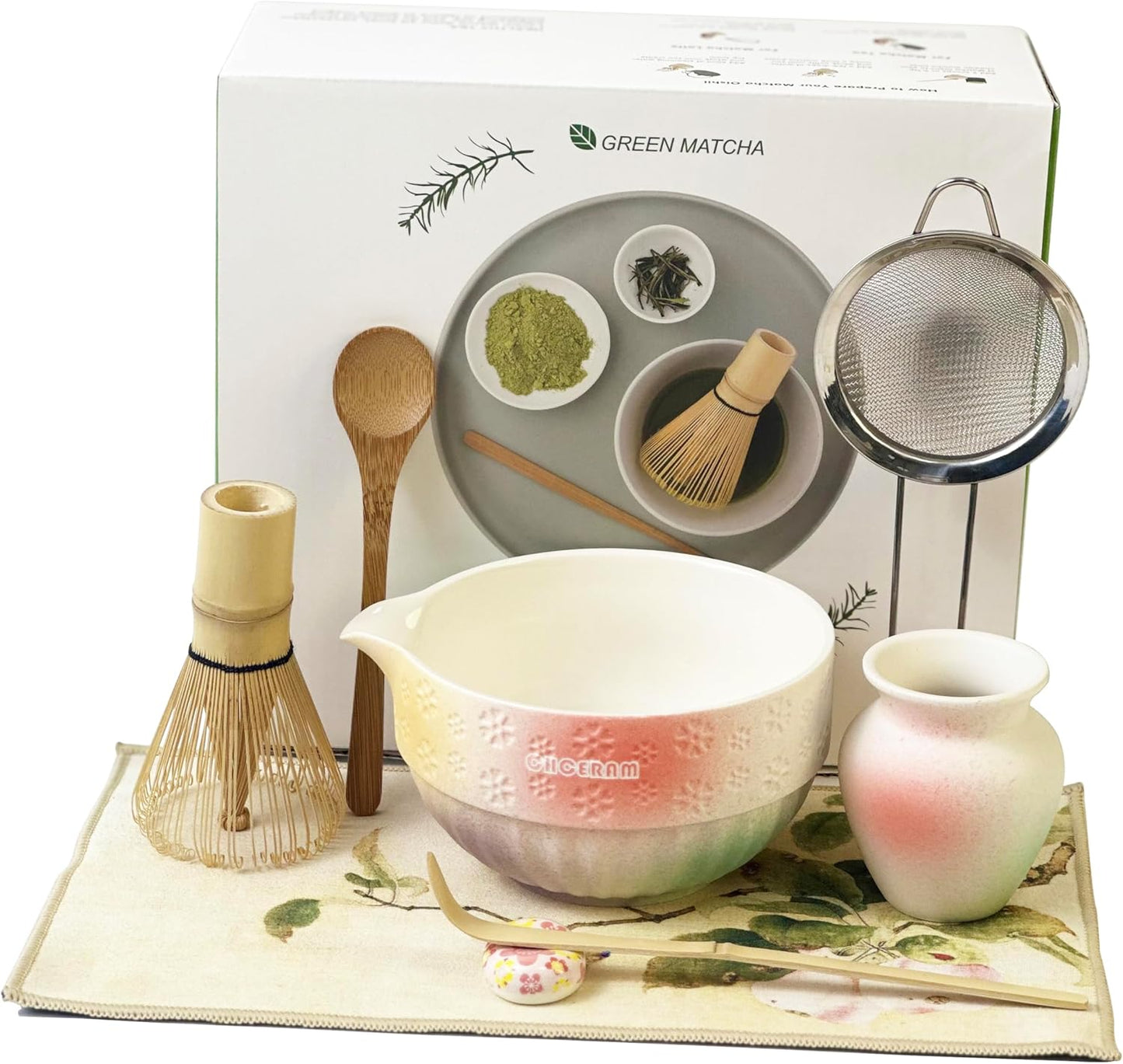 Matte Textured Ceramic Matcha Whisk Set, 8-Piece Matcha Kit Includes Matcha Bowl, Bamboo Whisk, Chasen Holder, Scoop, Scoop Rest, Sifter & Tea Towel for Japanese Tea Ceremony, Latte Making & Home Use
