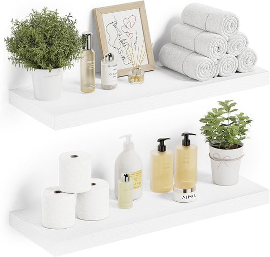 Vivelove Floating Shelves for Wall 24 inchs Long, 9.1” deep x 1.6” Wall Shelf for Bedroom, Bathroom, Living Room, Kitchen, Office Home Decor, Deep Wood Shelves with Invisible Brackets, Set of 2 White