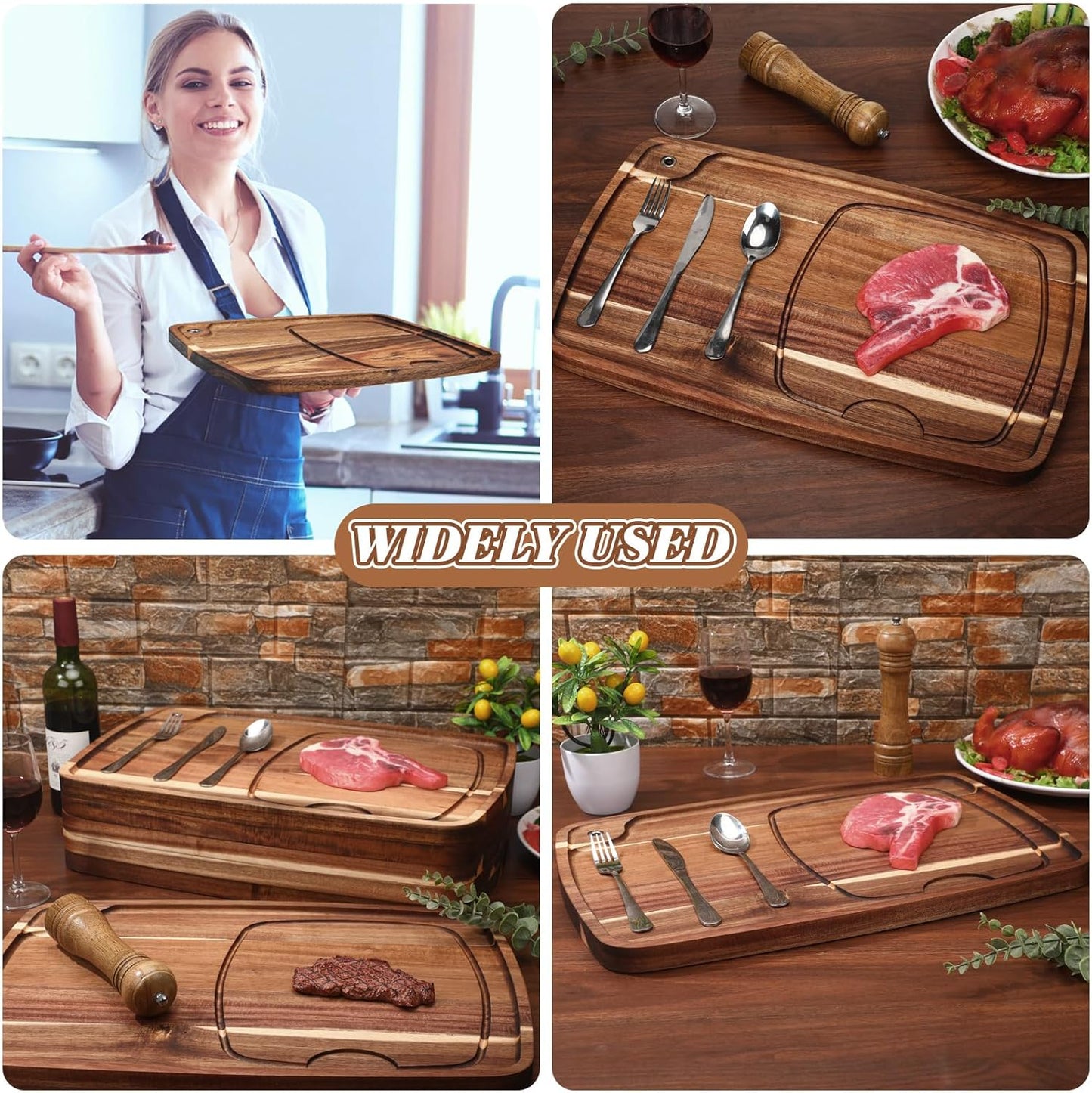 Uiifan 1 Pcs Steak Plates with Juice Channel Wooden Steak Board Set Acacia Cutting Serving Board for Home Serving Eating Meat Dishes Snack Dessert, 13 x 11 x 0.6 Inch