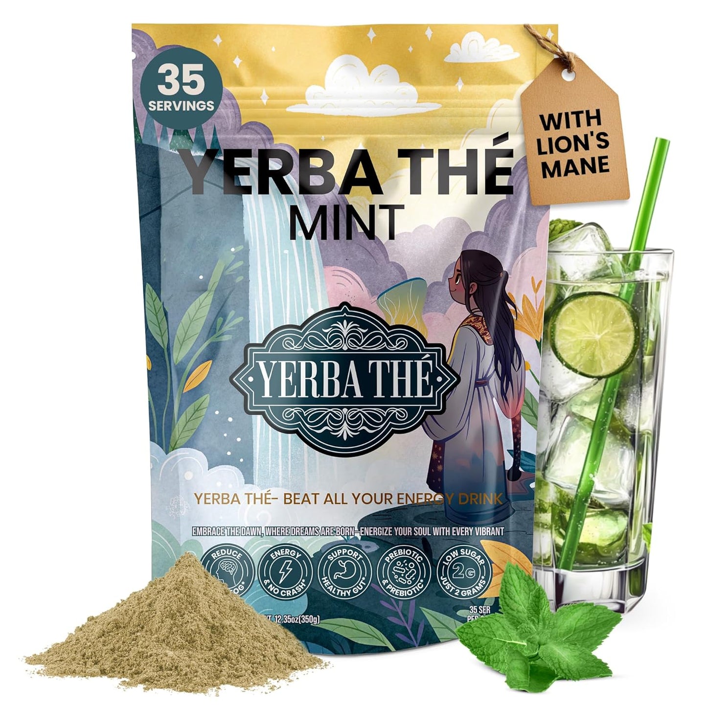 Ancient Diosa - Yerba Mate Tea Powder 350g, 35-Servings - Mint Flavor Clean Energy Drink Superfood - Support Gut Health with Probiotics and Prebiotics, Reduce Brain Fog, Relaxation and Focus Blend