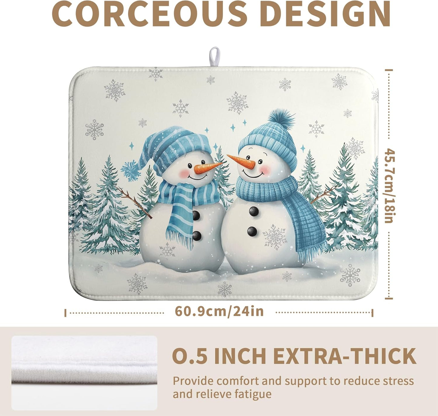 Winter Dish Drying Mat Winter Snowman Large Kitchen Mats Dish Drying Pad Blue Snowman Pine Tree Absorbent Dish Dryer Mat for Kitchen Countertops Microfiber Drainer Pad Dish Drying Mats (18x24 in)