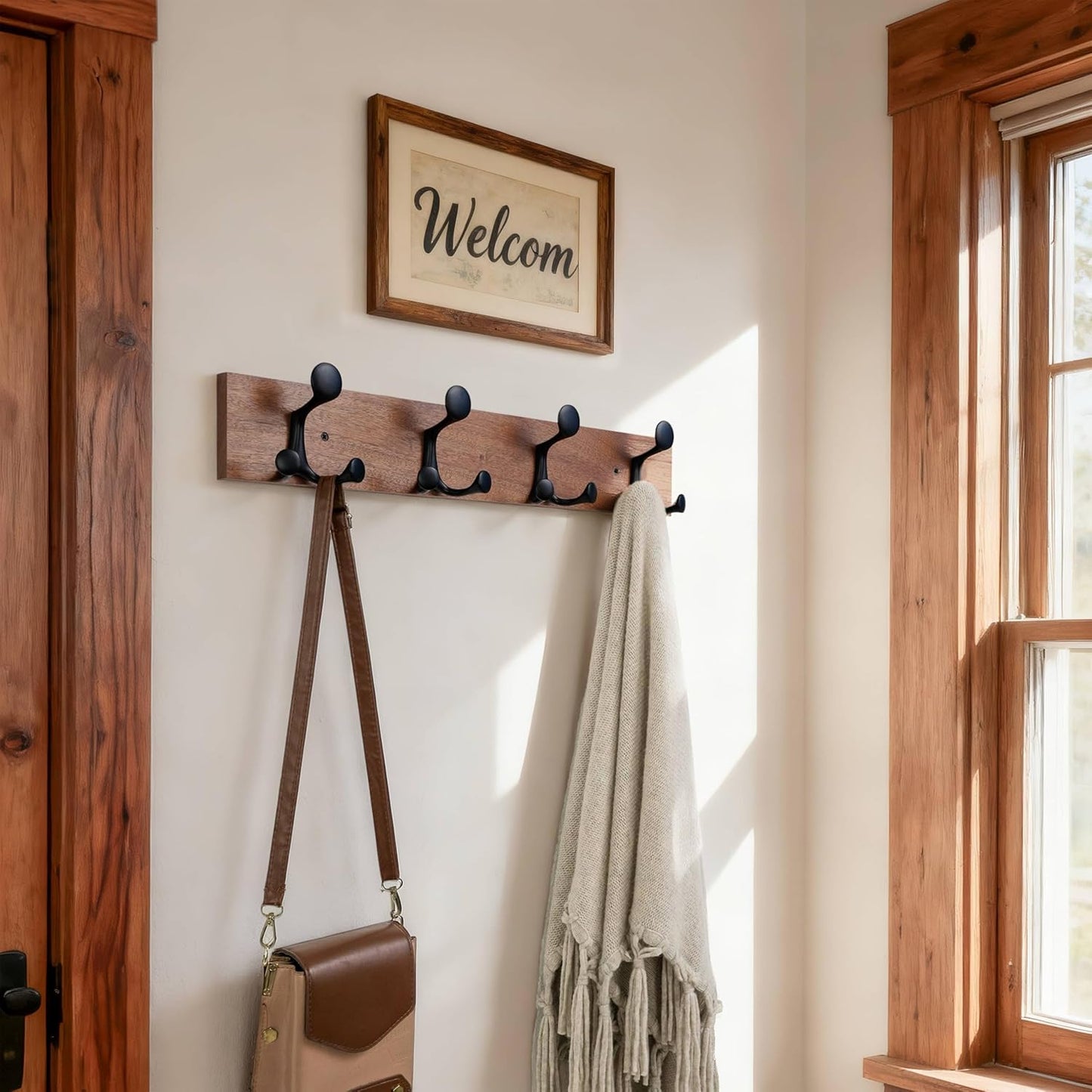 SKOLOO 24-Inch Wood Coat Rack Wall Mount with 4 Triple Hooks - Ideal for Family Entrances, Classrooms, and Pet Supplies Storage - Perfect Coat Hooks for Wall,Mahogany (Sapele)