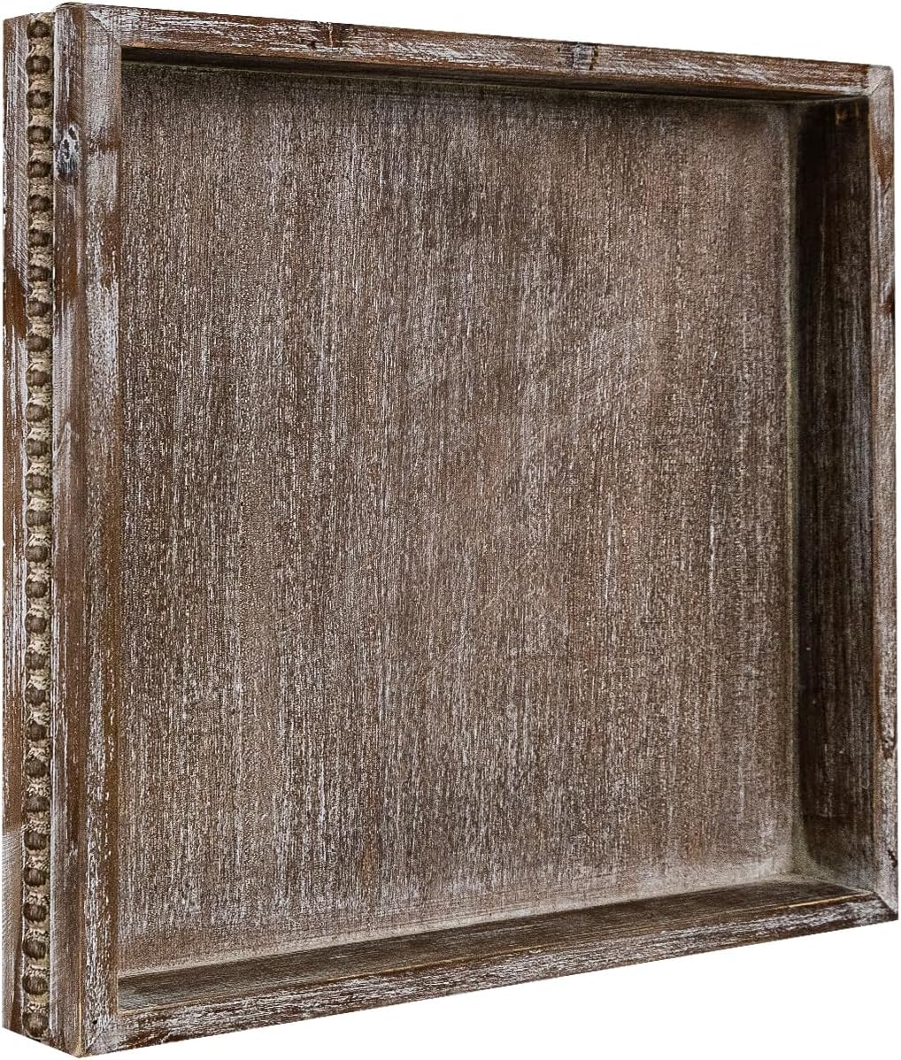 MAONAME Wood Serving Tray, Farmhouse Wooden Tray for Coffee Table, Rustic Square Trays with Beads, Vintage Brown Decorative Trays for Living Room, Kitchen, 12" X 12" X 1.6"