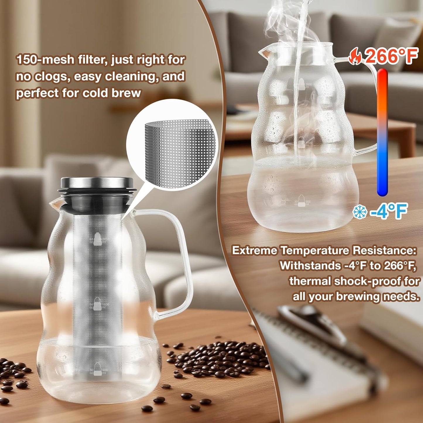 TRINIDa Cold Brew Pitcher, 2000ml/67oz High Borosilicate Glass, -4°F to 266°F, Stainless Steel 150 Mesh, Easy Clean, Family Size, Glass Pitcher, Ideal coffee gifts, Cold Brew Coffee Maker