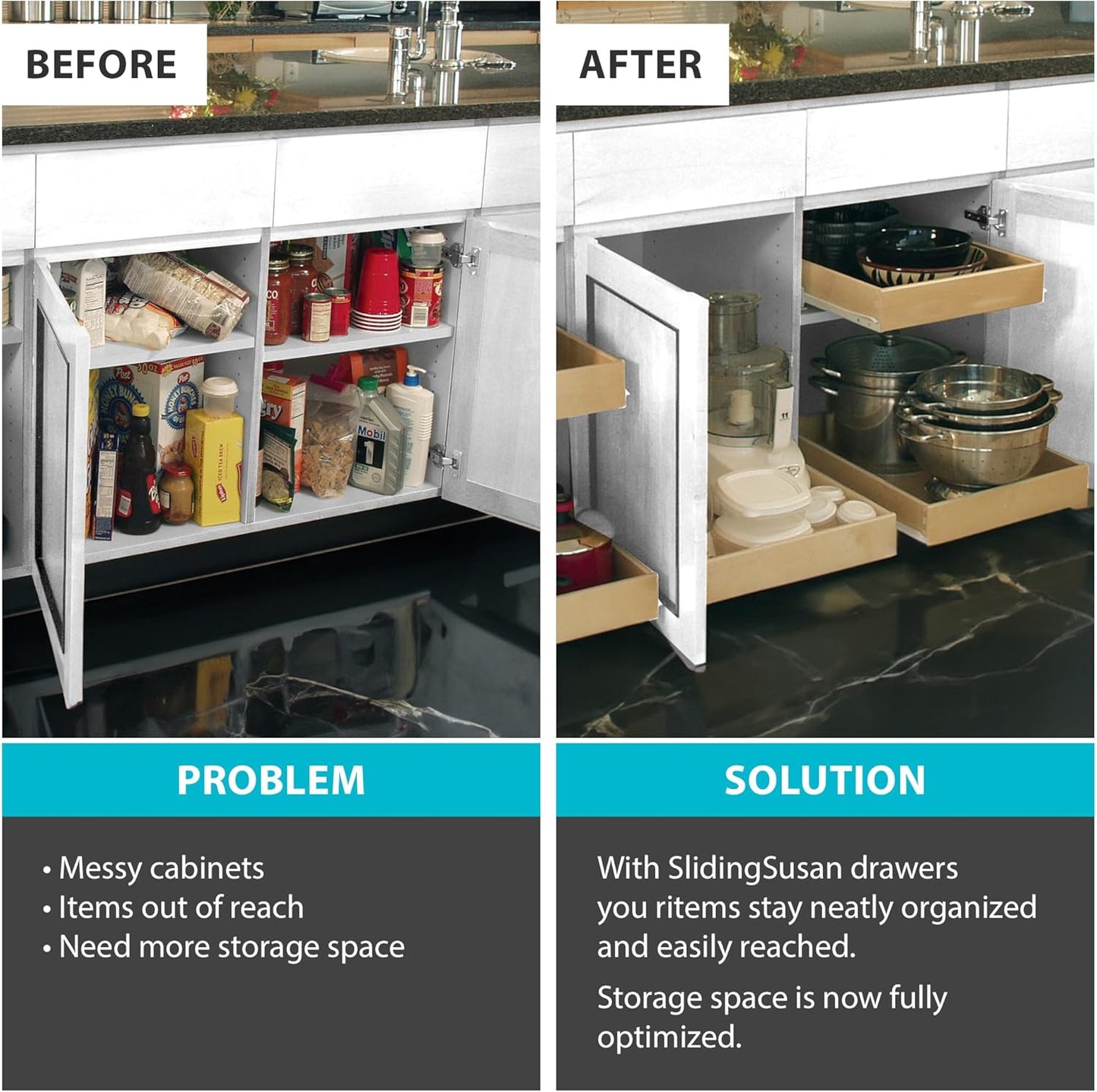 SlidingSusan Pull Out Drawer Organizer for Cabinets, Gliding Soft Close Shelves for Kitchen, Pantry, Bathroom, & Storage Organization, 9 Ply Baltic Birch, 18 Inch Wide x 18 Inch Deep