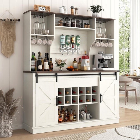 Farmhouse Coffee Bar Cabinet with Charging Station & Sliding Barn Doors - 63" W x 71" H Large Wine Rack, Built-in Liquor Dispenser, Glass/Mug Holders for Kitchen, Living Room, Hallway