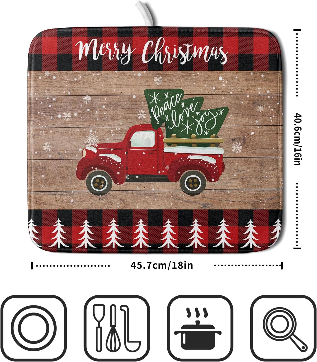 Christmas Dish Drying Mat 16 x 18 Inch with Hanging Loop High Absorbent Reversible Microfiber Red Truck Buffalo Check Plaid Dish Mat Dish Drying Pad Dish Rack Pad Drainer Mat Counter Mat