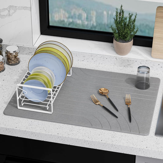 Large Stone Drying Mat for Kitchen Counter, 24" × 16" Diatomite Dish Drying Mat, Quick Dry Stone Mats, Ultra Absorbent Natural Diatomaceous Earth Mats for Dished, Bottles, Dark Grey