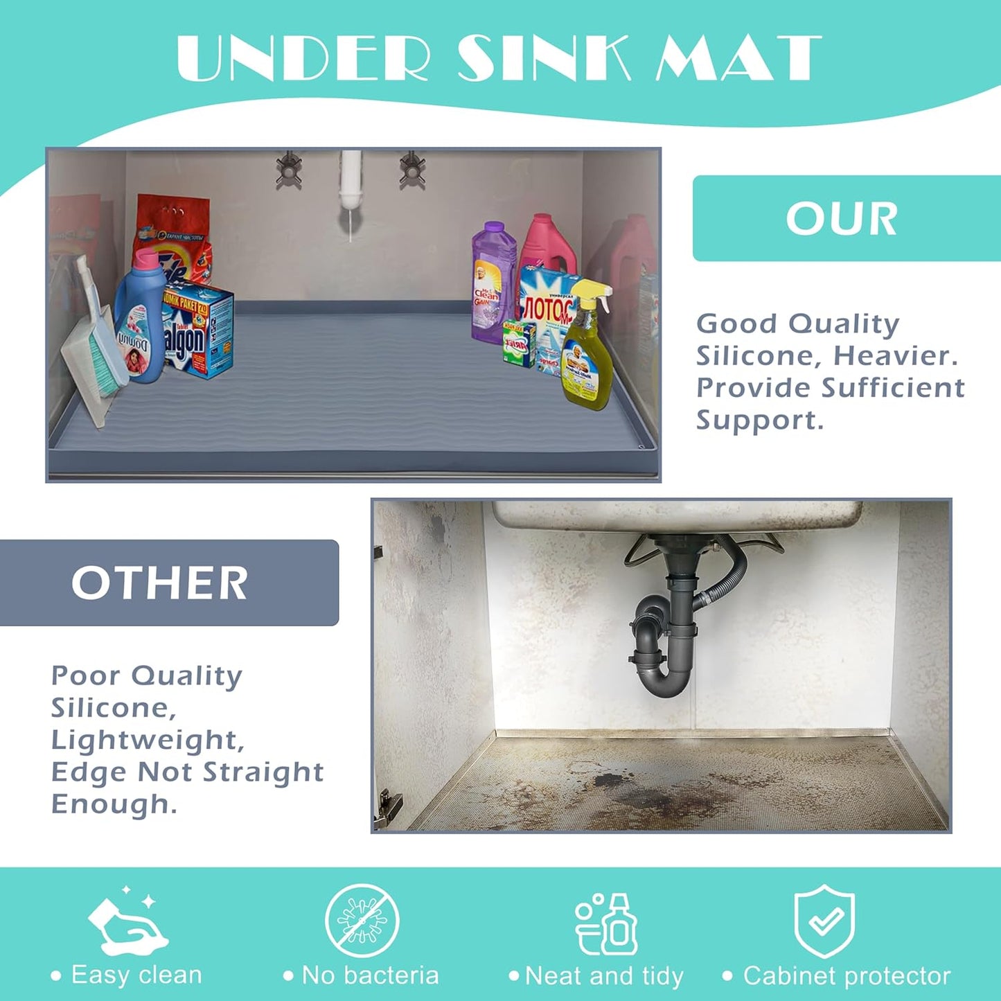 URMONA Waterproof Silicone Under Sink Mat 19'' x 19'' Shelf Liner for Kitchen and Bathroom, Cabinet and Counter Protector, Storage and Organizers, Litter Mat, Pet Cat Puppy Essentials(Black)