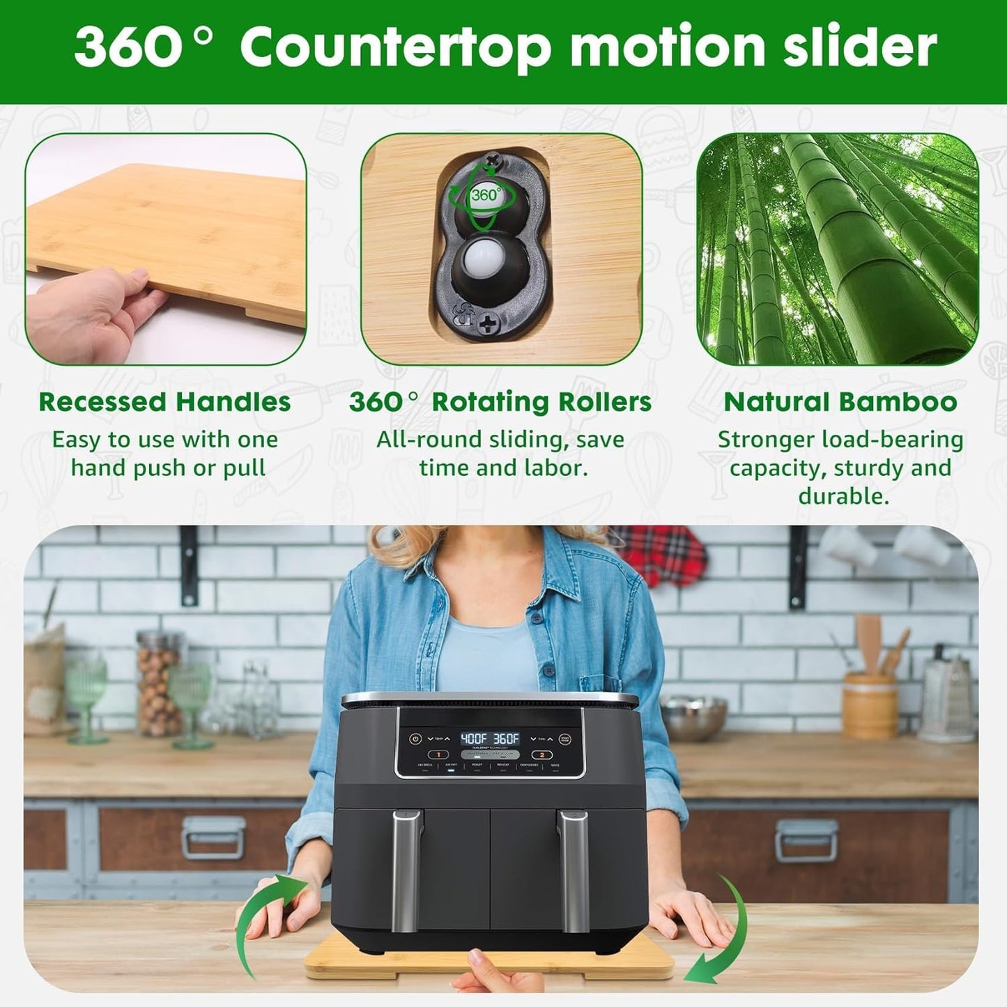 Appliance Slider 360° Rolling Tray for Coffee Maker Bamboo Coffee Pot Slider Tray for Countertop Rotation Sliding Tray with Wheels, Appliances Mat Easily from Under The Cabinet Natural(15.7"×13")