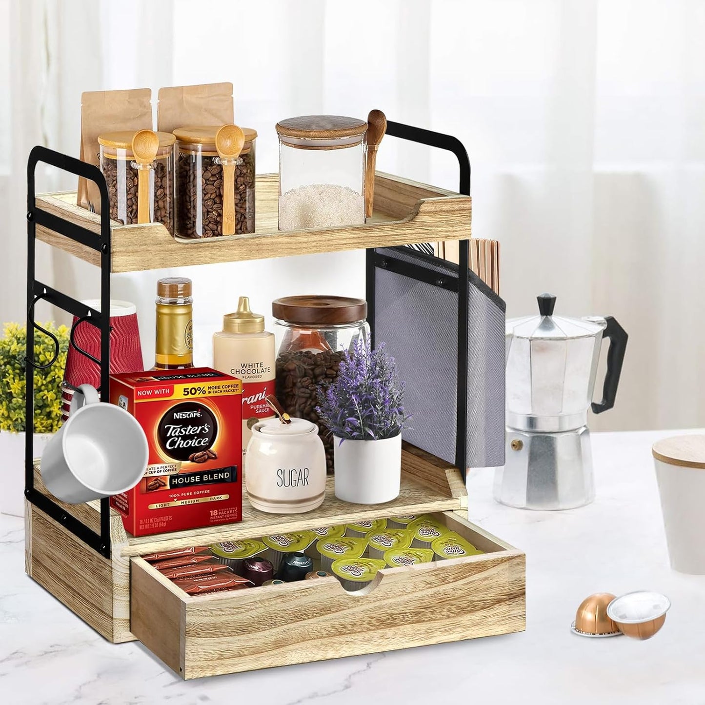 Coffee Station Organizer for Counter, Condiment Storage Caddy for Kitchen with Hooks and Bag,2 Tier Wooden Shelf for Coffee Bar Accessories,Coffee Bar Organizer for Kitchen, Home, Office-Brown
