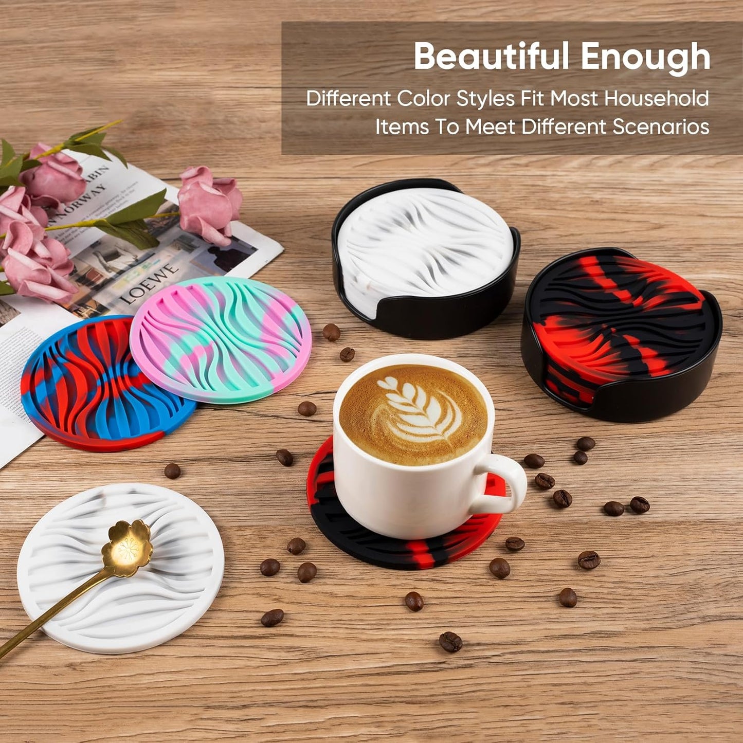 6 Pack Drink Coasters,Coasters for Drink with Holder,Non-Slip Silicone Cup Mat,Rubber Coaster Live for Hot or Cold Drink,Fits Any Size of Cups(Black Red)