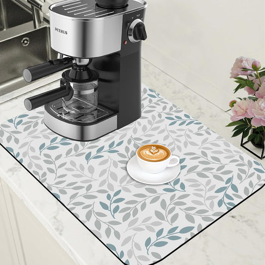 Grey and Blue Leaves Branches Dish Drying Mat for Kitchen Counter Bar Mat Hide Stain Absorbent Rubber Backed 15.7 x 23.6 Inch
