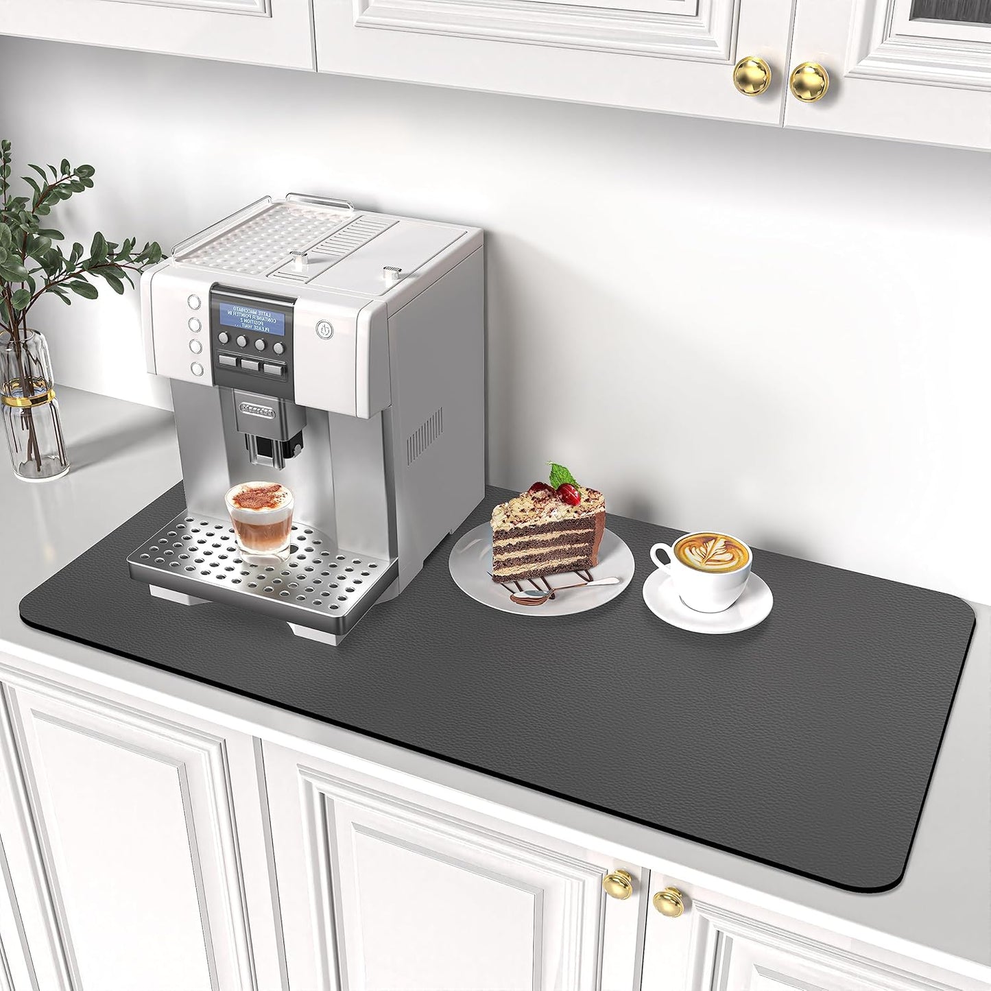 PoYang 31"x17" Coffee Mat X-Large, Coffee Bar Accessories for Countertop, Absorbent Dish Drying Mat, Anti-Slip and Hide Stain Pad for Espresso Machine, Espresso Maker and Kitchen Counter, Gray