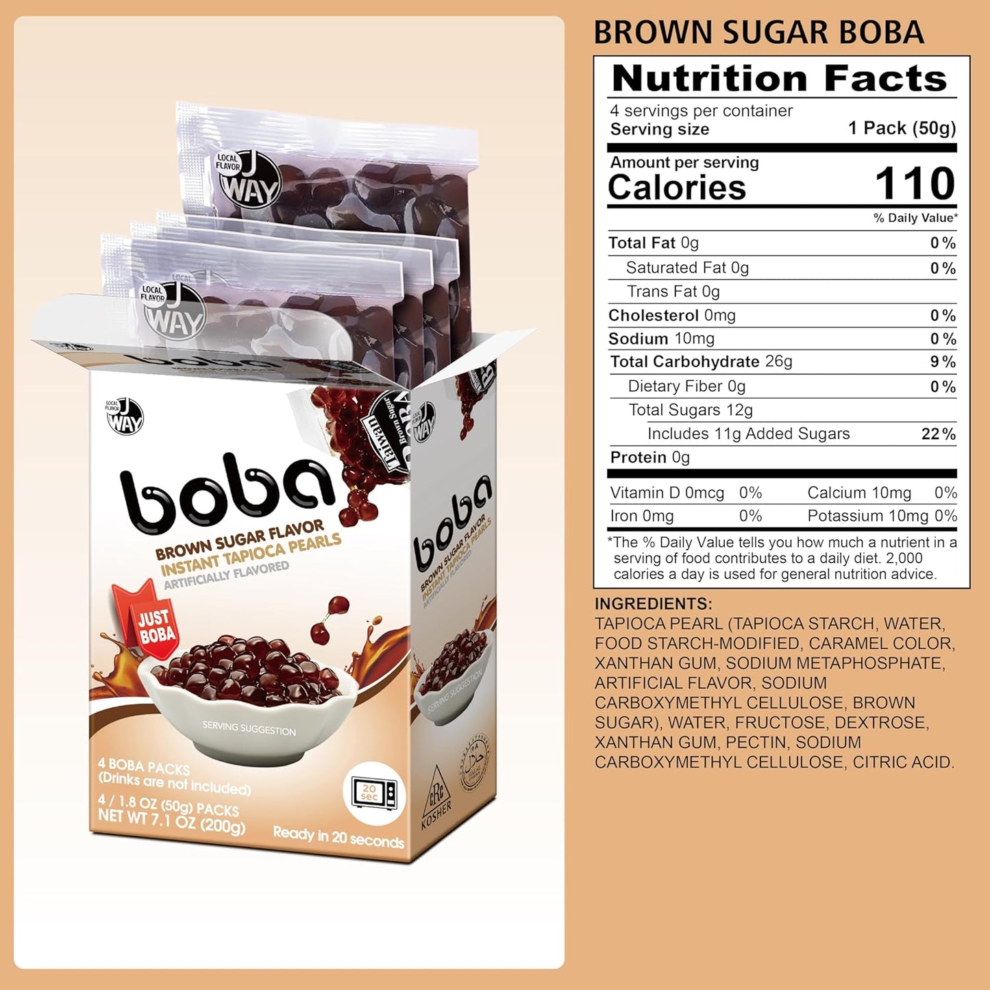 J WAY BOBA Authentic Instant Tapioca Boba Pearls for Milk Tea, Smoothies and Desserts, Brown Sugar Flavor (Ready in Just 20 Seconds) - 4 Servings
