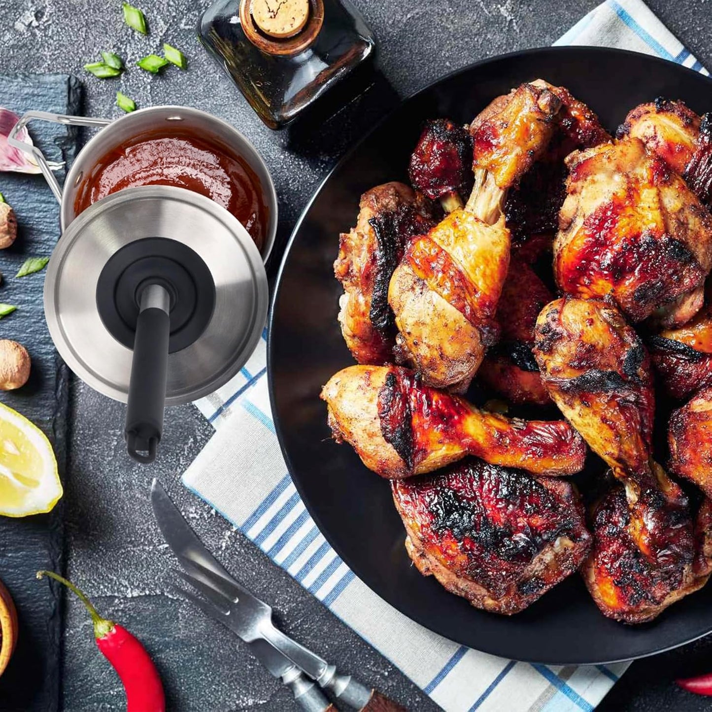 Geesta Adjustable Sauce Pot and Basting Brush Set, Long Stainless Steel Basting Brush for Cooking, Smoking, Fathers Day Grilling Gifts for Men Smoker Accessories, Large Capacity Grilling Tools, 1 Pack