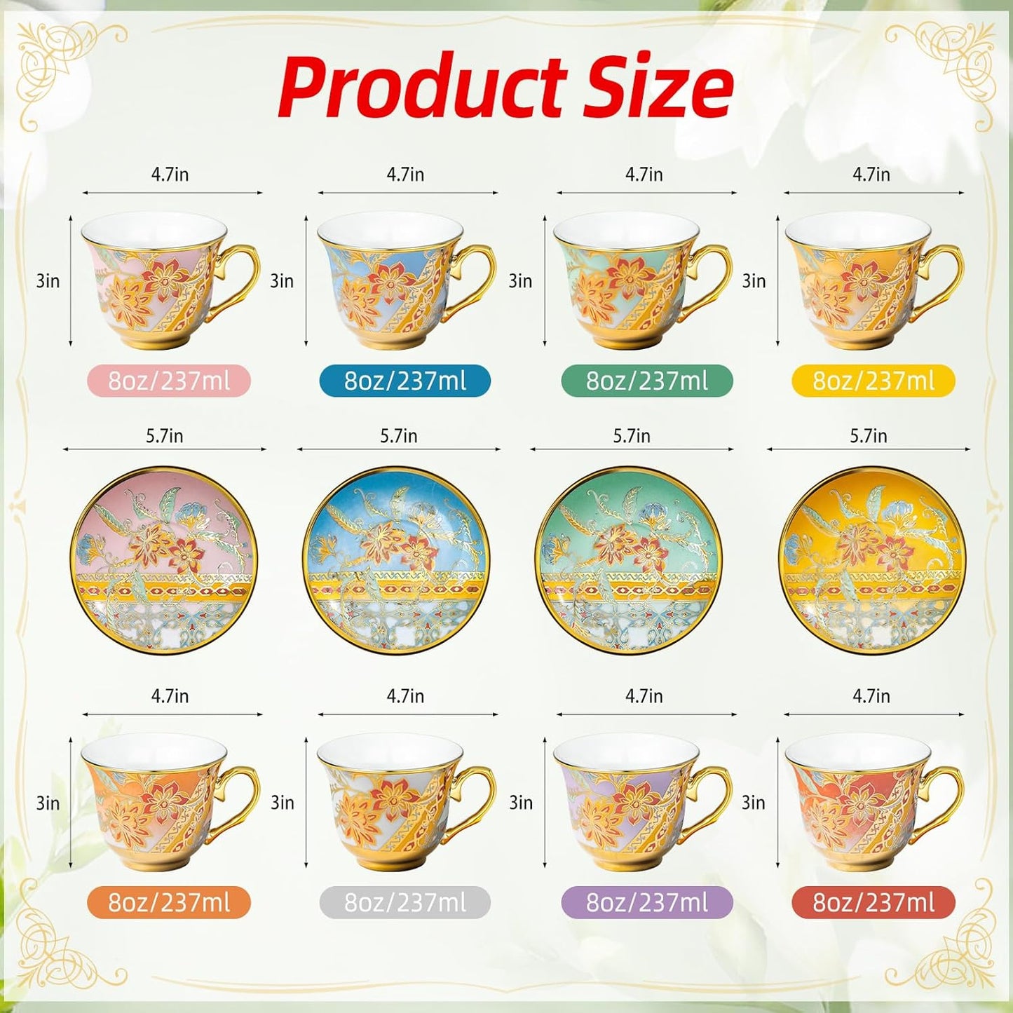 Tea Cups and Saucers Set of 8, 8 OZ Floral Tea Cup with Saucer, Vintage Tea Cups Porcelain Tea Set with Spoon for Latte, Mocha, Afternoon Tea Birthday Party Supply Thanksgiving Day Halloween gifts