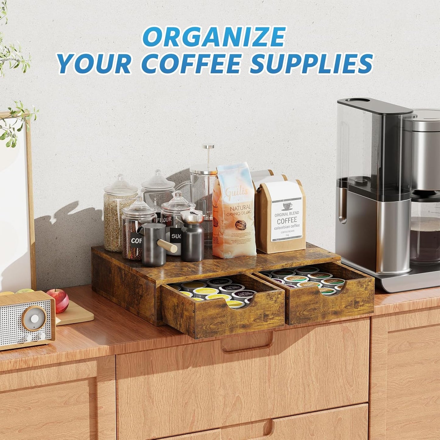 Simple Trending K Cup Organizer Coffee Pod Holder, Wooden K Pod Storage Drawer, Coffee Maker Machine Stand, 30 Pods Capacity