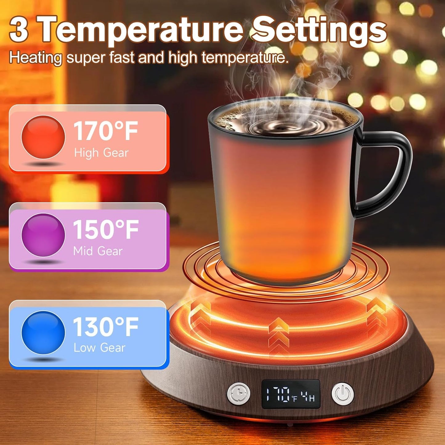 Coffee Mug Warmer – 55W Fast Heating Coffee Warmer, 3 Temperature Settings up to 170℉ with LED Lights, 2–9H Timer & Auto Shut-Off, Coffee Cup Warmer Gift for Women & Men, Office/Home Use