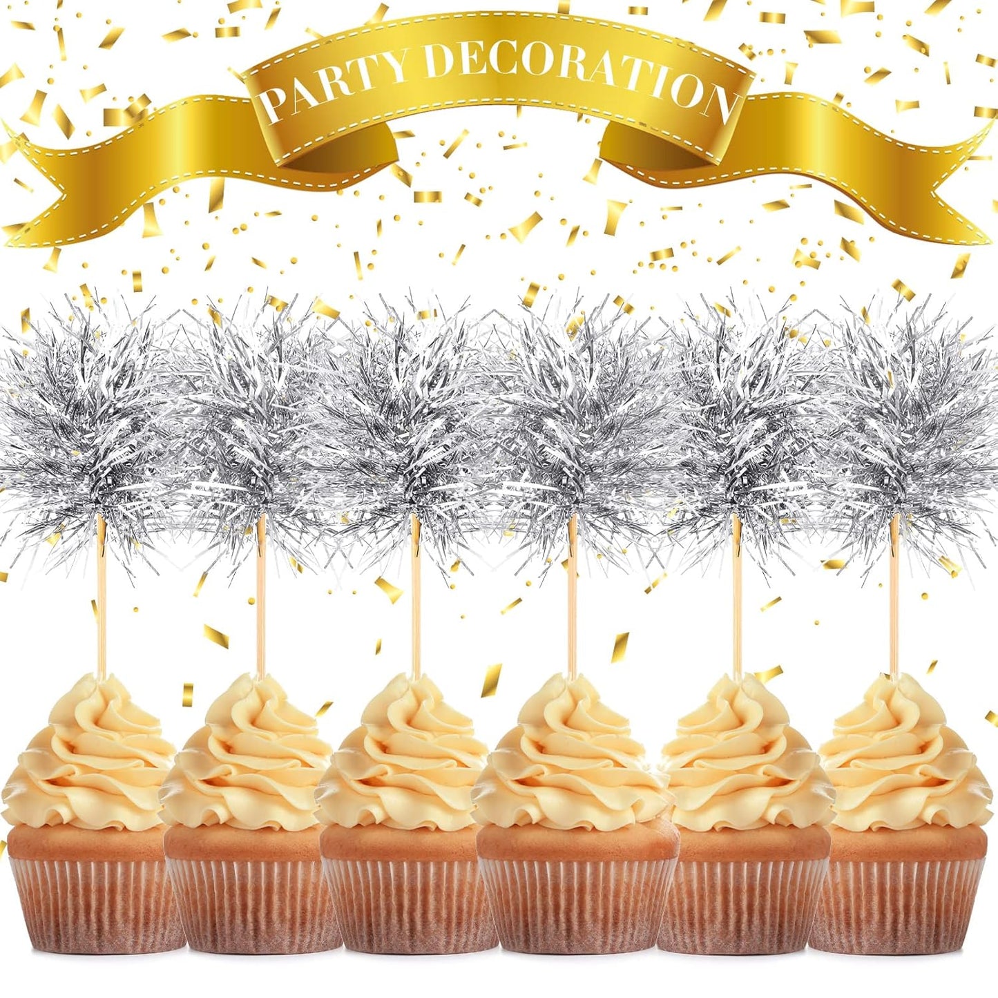 Chinco 100 Pcs Foil Firework Cupcake Toppers Sparkle Tinsel Cake Toppers Cake Decoration Cocktail Fruit Toothpick for Birthday Wedding Graduation Party(Silver)