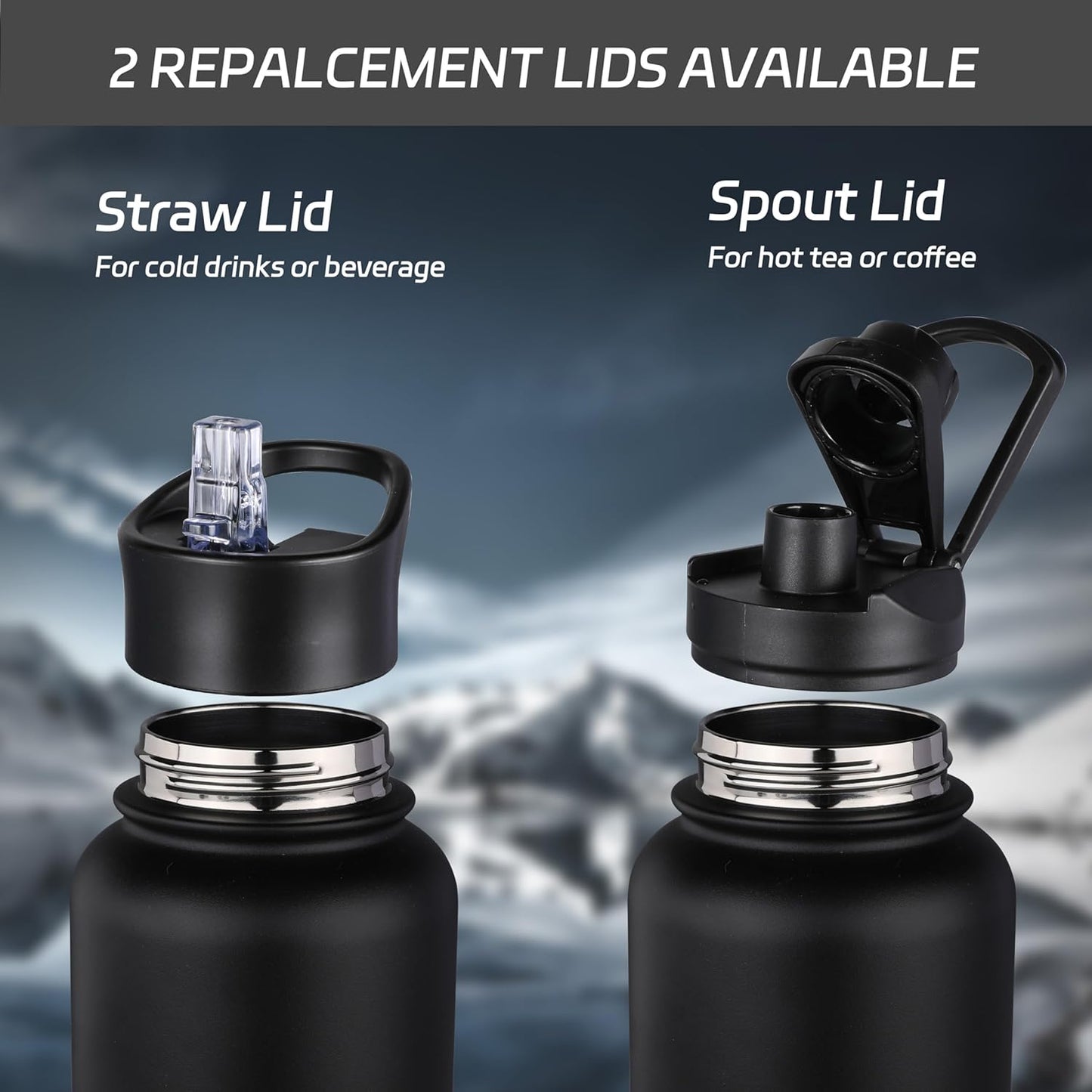 HASLE OUTFITTERS 32 oz Insulated Water Bottle Stainless Steel Double Walled Vacuum Sports Water Bottle with 2 Lids (Straw and Spout Lid) for Gym Camping Hiking(Black,8)