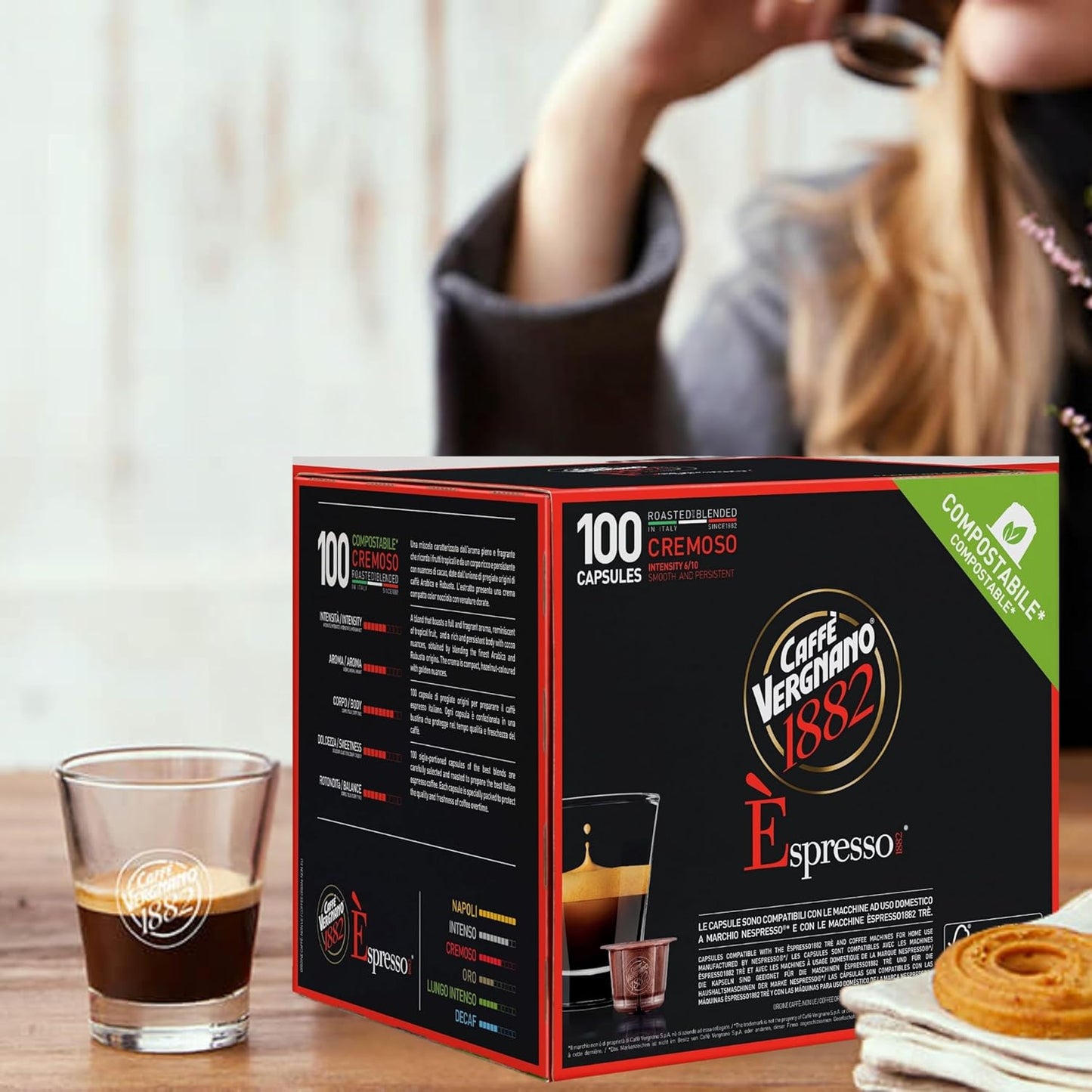 Caffe' Vergnano 1882 Medium Roast Espresso Original Line Machine Compatible Capsules, Arabica Robusta Espresso Coffee, Italian Coffee For Nespresso Coffee Machines, Intensity 6/10, Cremoso, 100 Ct
