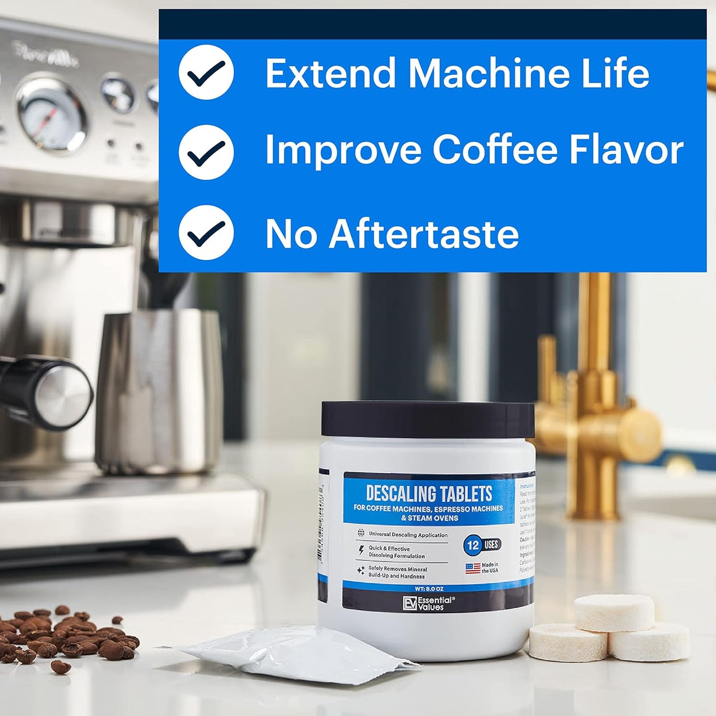 Essential Values Descaling Tablets (24 Count/Up To 24 Uses) For Jura, Miele, Bosch, Tassimo Espresso Machines and Miele Steam Ovens