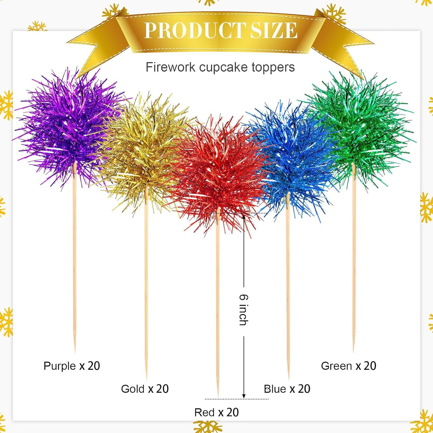 Chinco 100 Pcs Foil Firework Cupcake Toppers Sparkle Tinsel Cake Toppers Cake Decoration Cocktail Fruit Toothpick for Birthday Wedding Graduation Party(Bright Color)