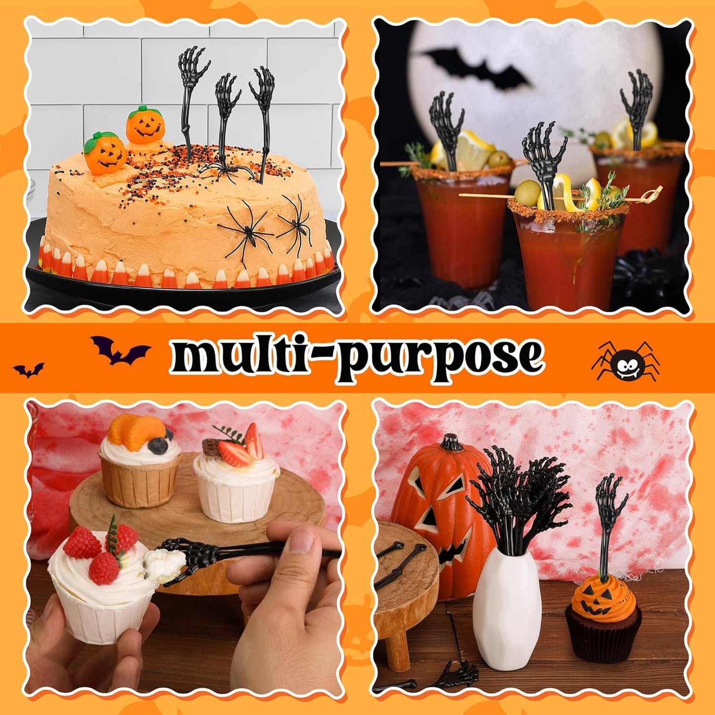 RunNico 60 Pcs 5.9''x1.5'' Halloween Skeleton Cocktail Stirrers, Reusable Skeleton Hand Swizzle Sticks, Halloween Plastic Drink Stirrer for Home Bar Horror Party Table Decorations