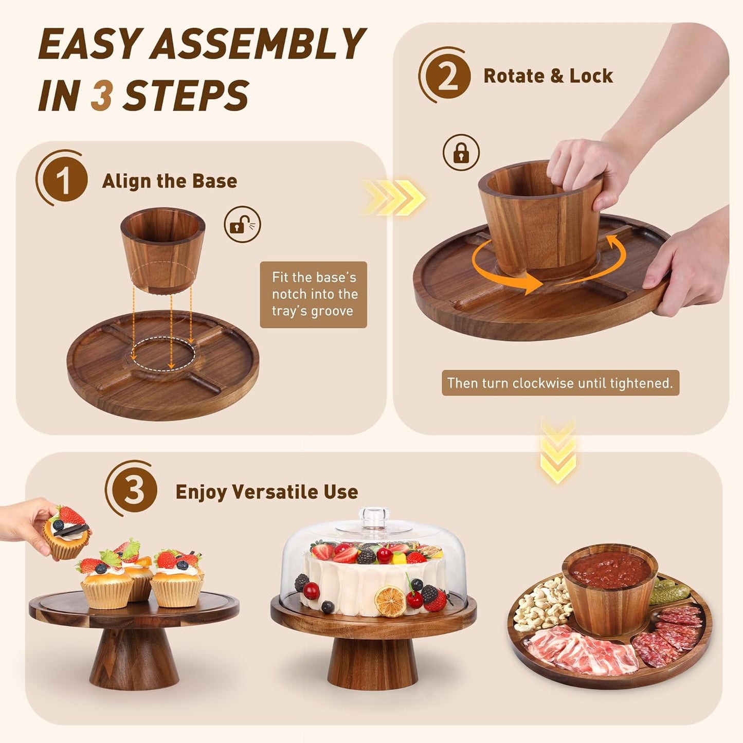 Bellsal Acacia Wood Cake Stand with Lid - 12in Round Cake Holder, 2-in-1 Dessert Table Display Set & Charcuterie Board for Cheese, Chips & Dips, Nachos, Fruit Platter, Large Acrylic Cake Dome Cover