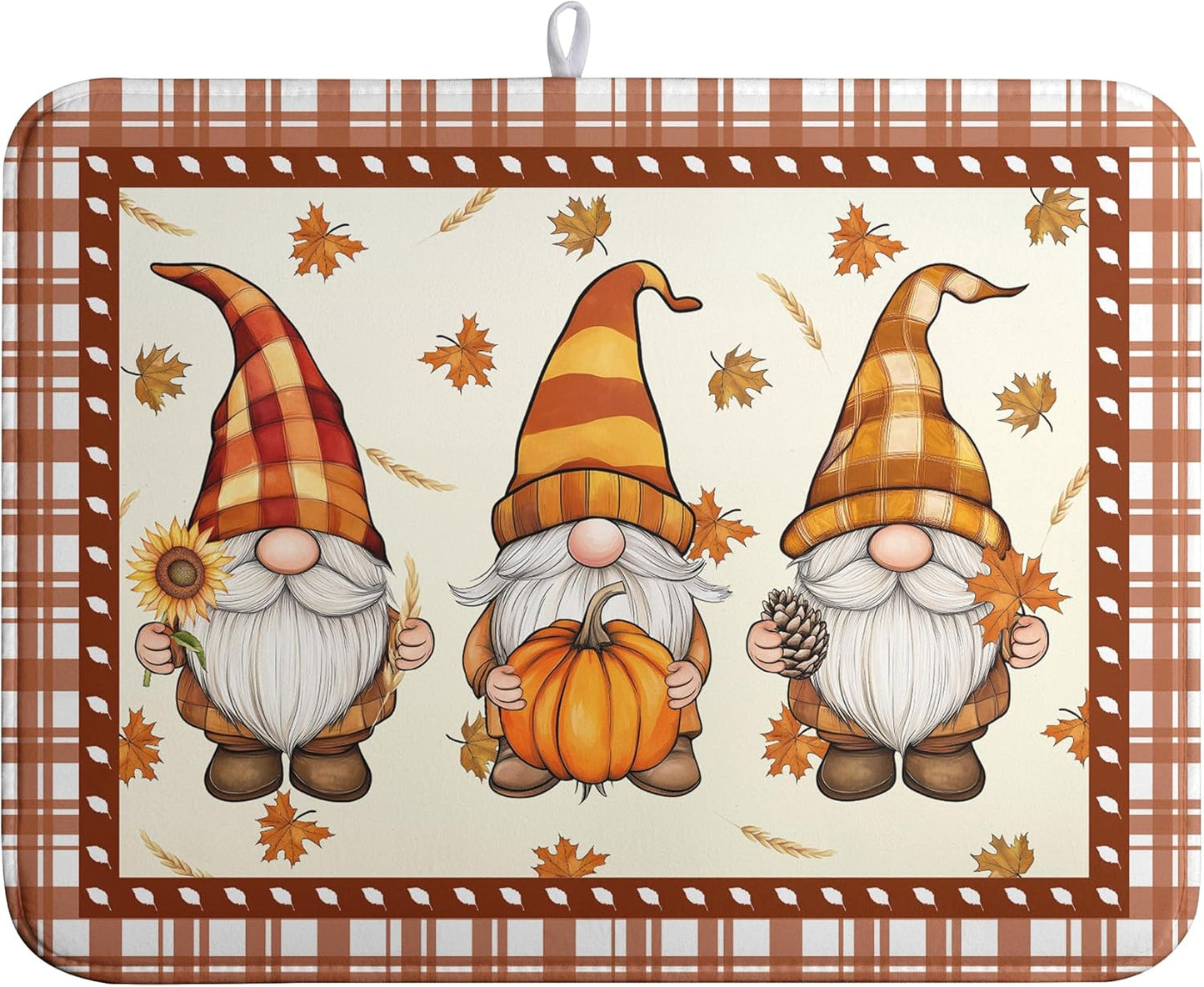 Fall Pumpkin Gnomes Dish Drying Mat Maple Leaves Autumn Large Kitchen Mats Dish Drying Pad Absorbent Dish Dryer Mat for Kitchen Countertops Microfiber Drainer Pad Dish Drying Mats (18x24 in)