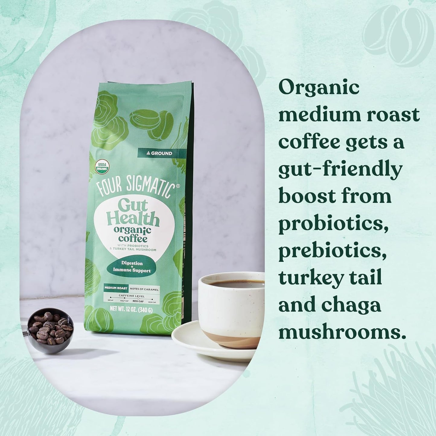 Four Sigmatic Gut Health Organic Ground Coffee | Medium Roast, Immune Boosting Probiotic Mushroom Coffee with Chaga & Turkey Tail for Gut Health & Immune Support | 12oz Bag