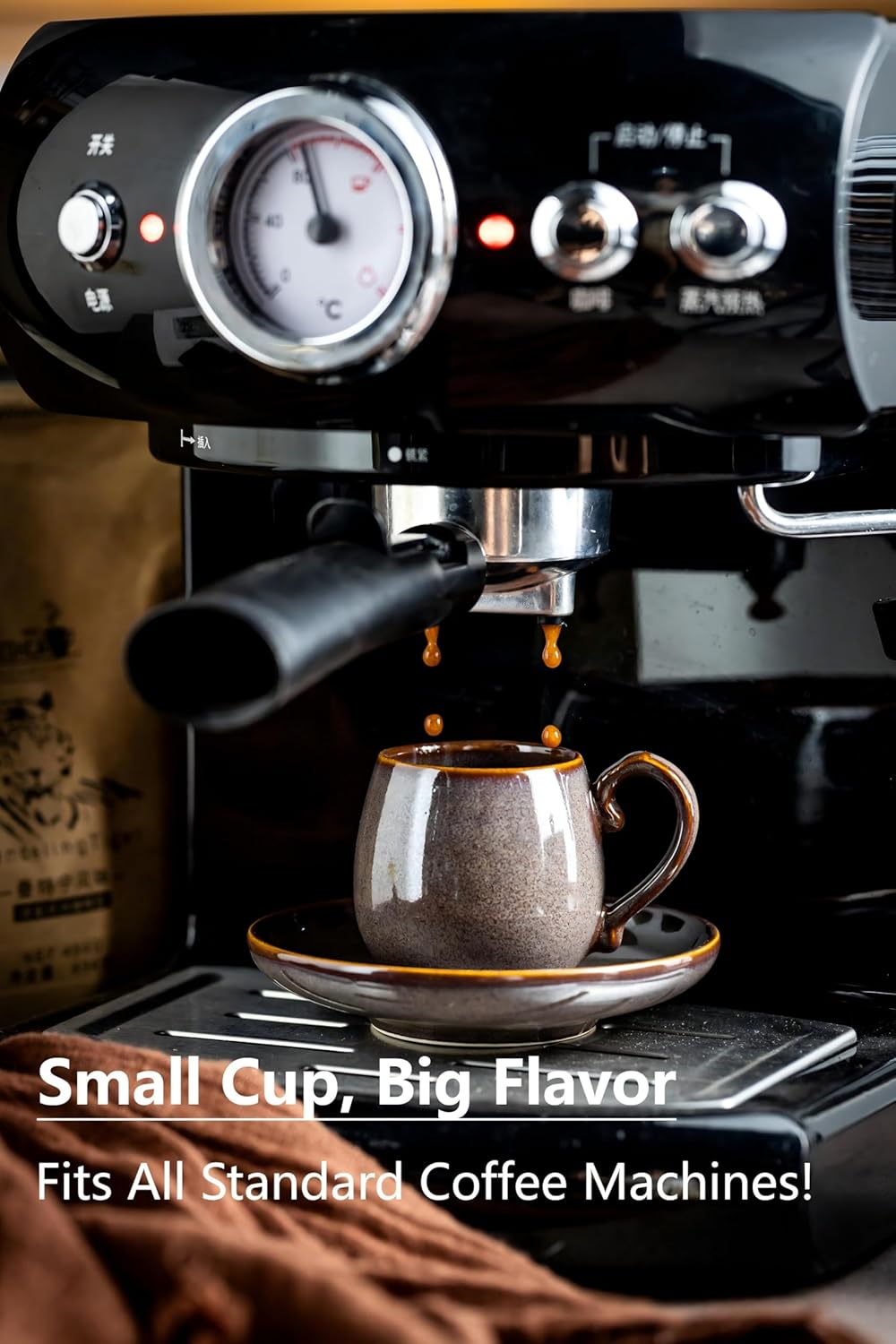 LYEOBOH 3 Ounce Espresso Cups and Saucers Set of 6, Ceramic Small Coffee Cups with Metal Holder and Spoons, Cute Demitasse Cups for Tea, Espresso, Latte, Cafe Mocha, Brown