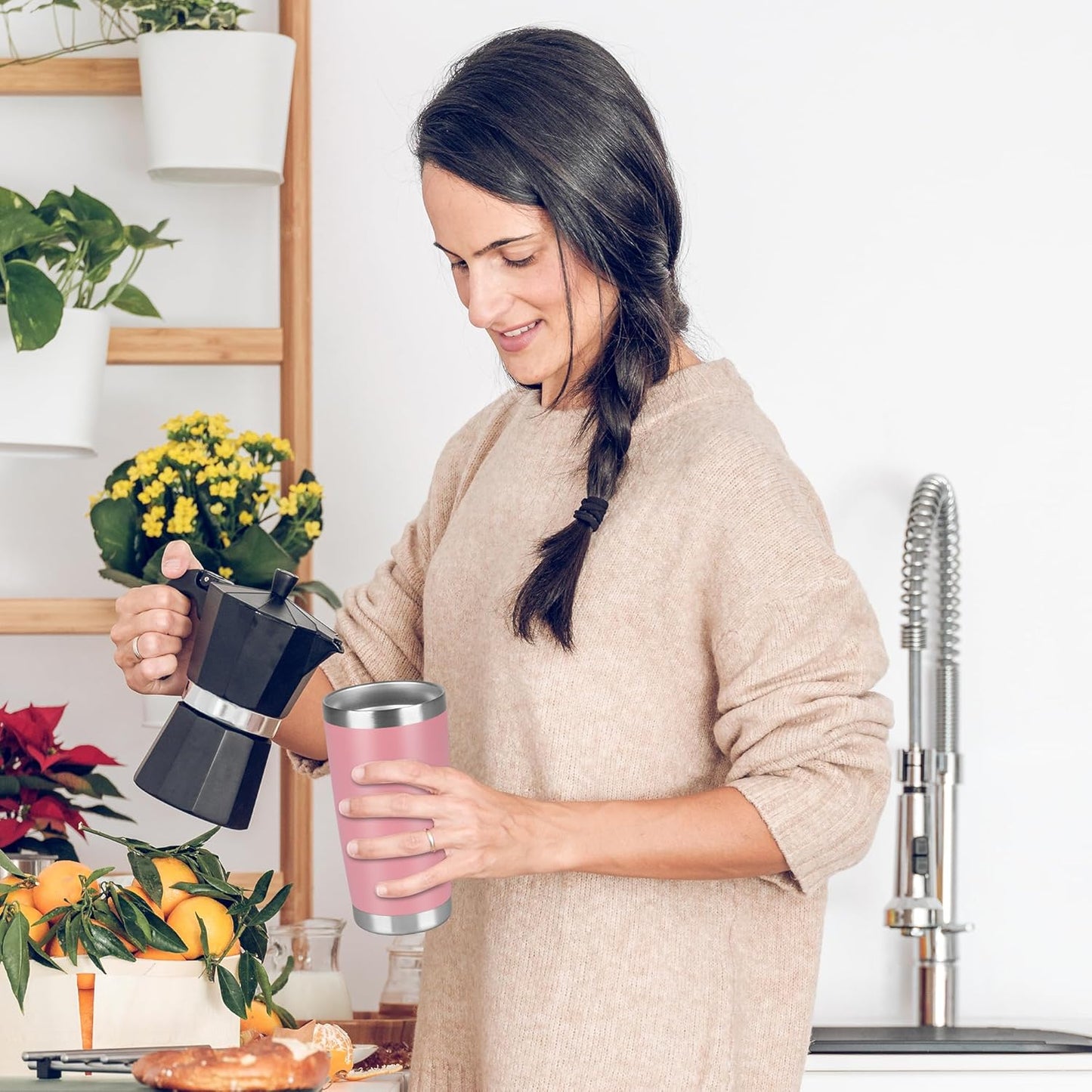 20 oz Tumbler Stainless Steel Tumblers Bulk with Lid Double Wall Insulated Coffee Tumbler Cups for Hot & Cold Drinks Powder Coated Travel Coffee Tumbler Mug Metal (Rose Pink, 6 pack)