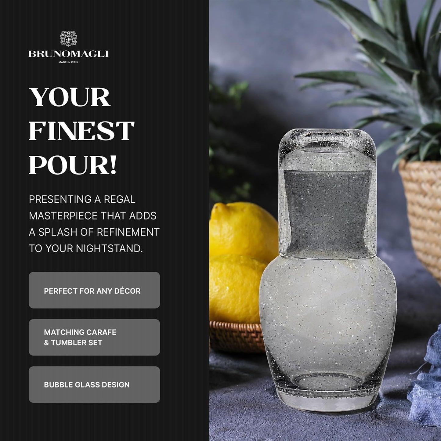 Bruno Magli Bubble Carafe | 2-Pc Set | Drinking Glass Tumbler Doubles as a Lid | Water Pitcher with Matching Cup for Office, Nightstand, Home, & Guest Room Décor | Gift Boxed | 28-Oz (Gray)