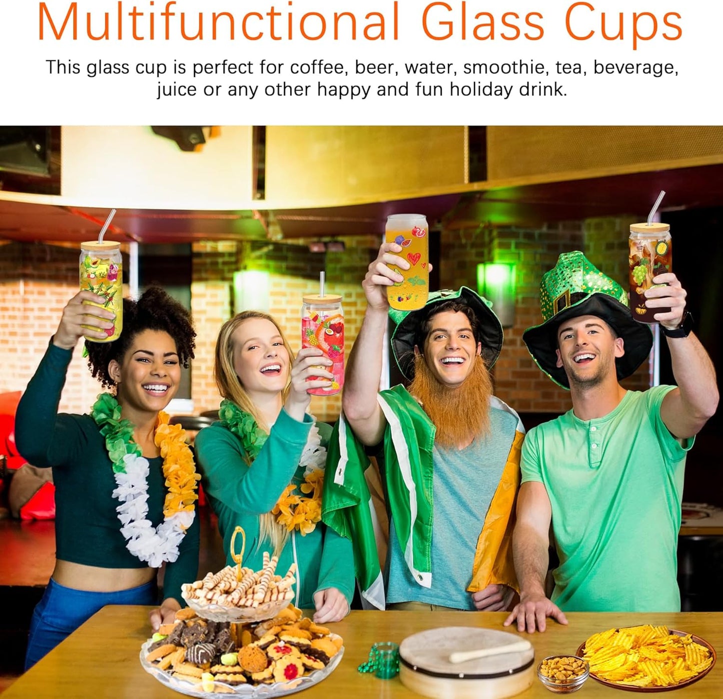 Glass Cups with Lids and Straws 20 Pcs 16 oz Ice Coffee Cup Skinny and Long Can Beer Cups Set Drinking Glasses with Bamboo Lids Reusable Glass Cups Ideal for Smoothies & Beverages