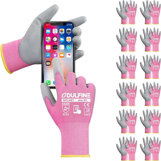 DULFINE Work Gloves for Men PU Coated 12 Pairs Bulk Pack,Pink Seamless Knit Glove with thin Polyurethane,Two Finger Touchscreen, for Men and Women, Ideal for Light Duty Work. (Medium)