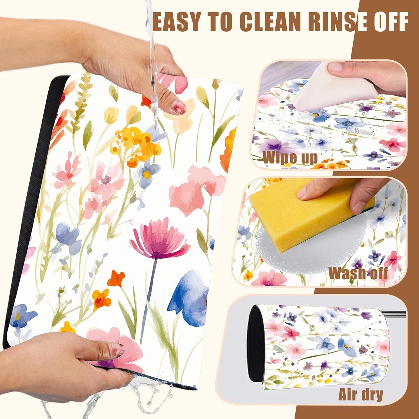 Watercolor Floral Meadow Coffee Mat Absorbent Dish Drying Mat for Kitchen Counter Hide Stain Rubber Backed Coffee Bar Accessories Fit Under Espresso Machine Dish Drainer, 11.8 x 19.7 Inch