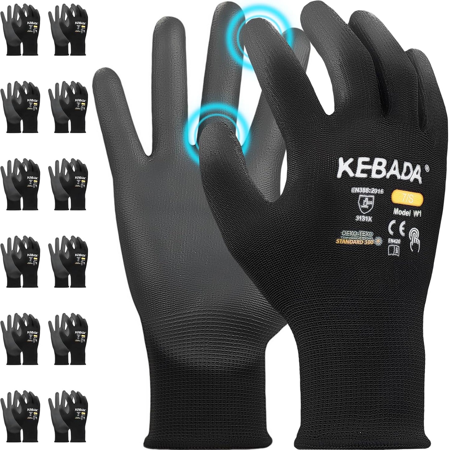 Kebada W1 Work Gloves for Men and Women, PU Coated Safety Gloves with Grip, Touchscreen, Ideal for Warehouse Package Handling, Construction, Gardening, Black X-Small