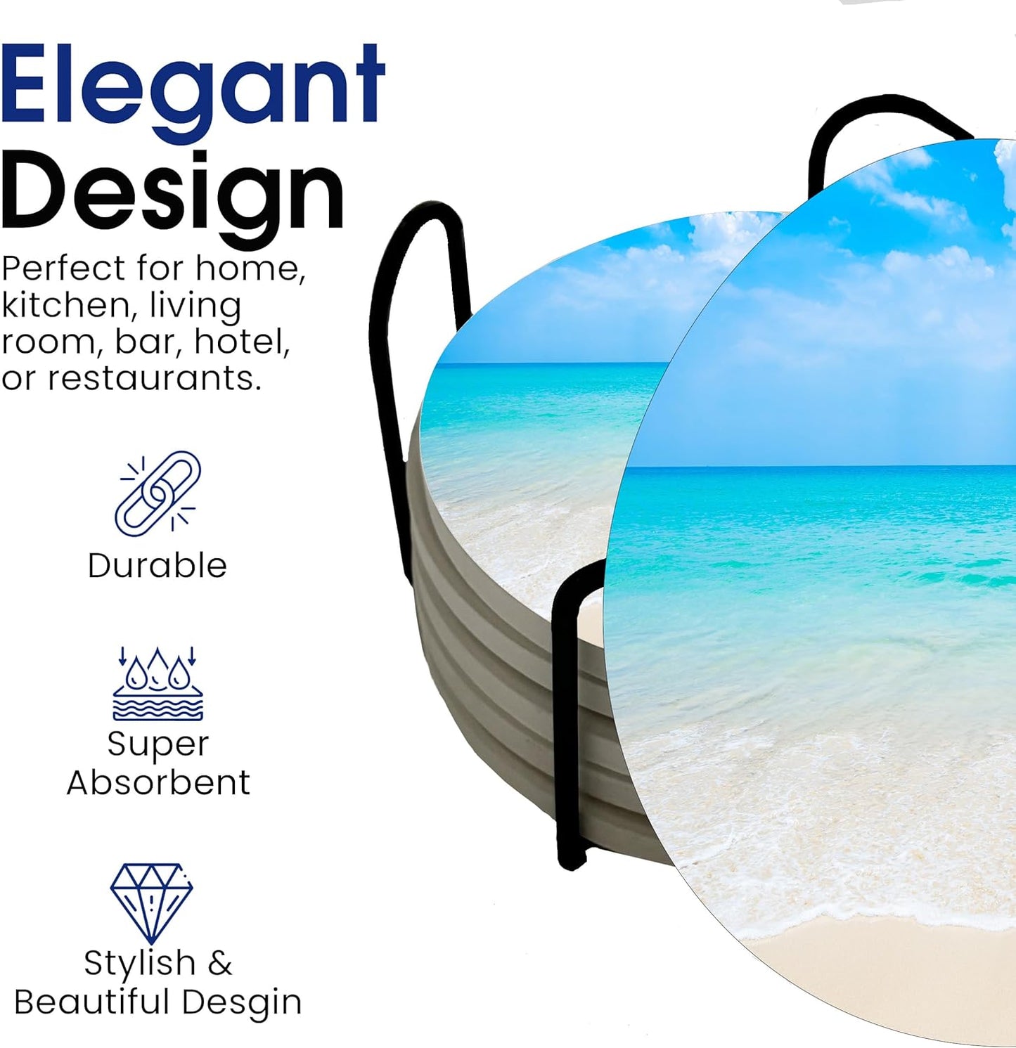 Ocean Coastal Theme Round Coasters Set of 6 - Abosrbent Ceramic Coasters with Metal Stand for Drinks, Beer, Coffee, Non-Slip Cork Back for Tabletop Protection, 4 Inches (Ocean)